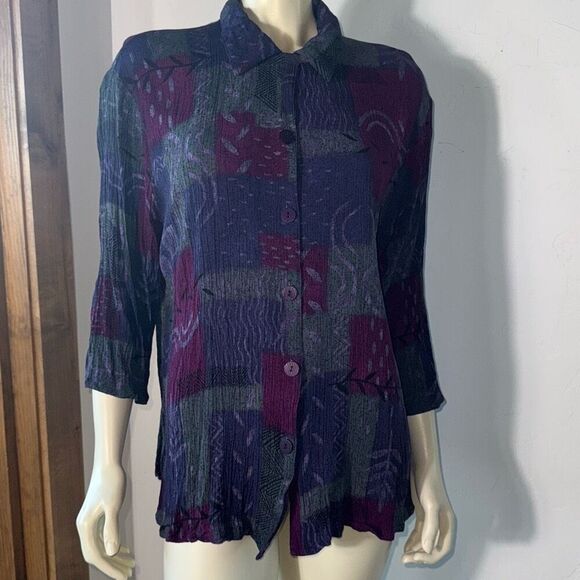 Vintage 90’s Purple Oversized Short Sleeve Button Down Funky Print Short Sleeve - Picture 9 of 11